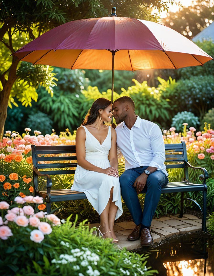 A serene couple sitting together under a protective umbrella, symbolizing the safety insurance provides, surrounded by blooming flowers that represent love and relationships. In the background, a sunset casts a warm glow, symbolizing hope and security. Soft, inviting colors enhance the emotional connection. super-realistic. vibrant colors. soft focus.