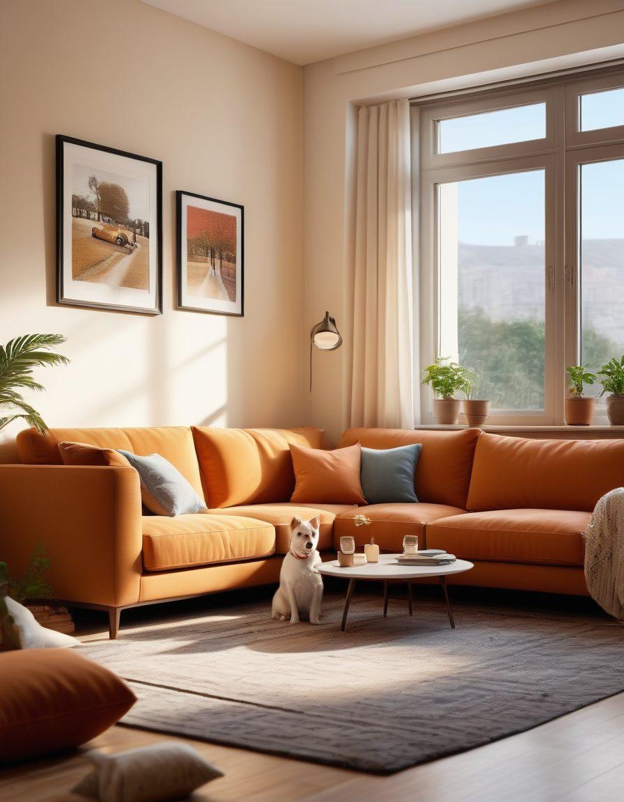 A cozy living room scene with a couple happily reviewing their insurance policy together, surrounded by family photos and heartwarming memorabilia. Light streams through a window, creating a warm, inviting atmosphere that conveys love and security. A gentle reminder of home is present with soft cushions and a small pet nearby, symbolizing comfort. super-realistic. warm colors. cozy ambiance.